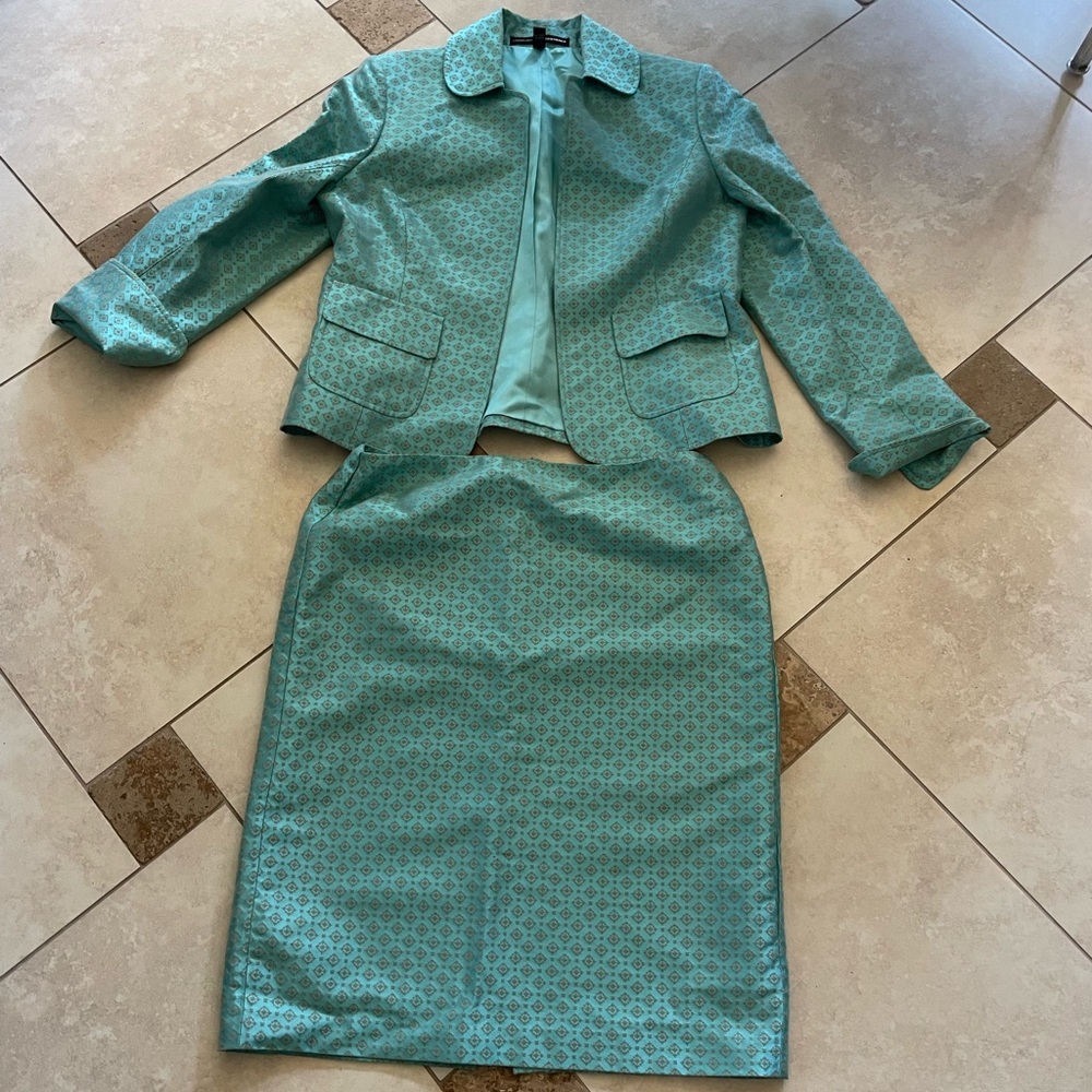 Turquoise Patterned Skirt Suit Blazer & Pencil Skirt